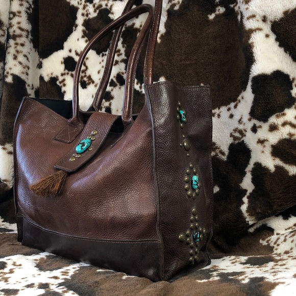 Big Two Bar West McFadin Leather Tote Bag Studded Turquoise Horse Hair Tassel - Picture 4 of 15